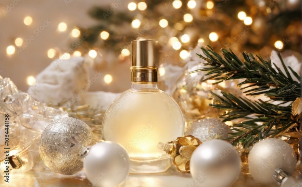 White perfume bottle surrounded by Christmas ornaments and lights on blurred festive background with white, gold, and silver hues. White perfume bottle surrounded by Christmas ornaments and lights on blurred festive background with white, gold, and silver hues.