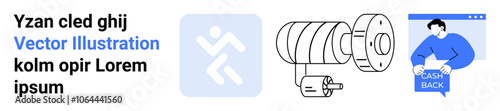 Man holding cash back sign, technical rotor diagram, running symbol in square outlines. Ideal for finance, technology, security, engineering, marketing, education, presentations. Landing page