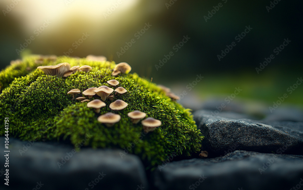 Mossy stone with mushrooms, natural greens, and soft sunlight in the background. Mossy stone with mushrooms, natural greens, and soft sunlight in the background.