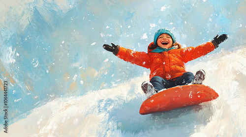 Happy Child Sledding Down Snowy Hill Winter Fun