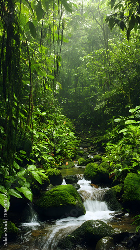 Lush rainforest with a small stream flowing through the foliage.