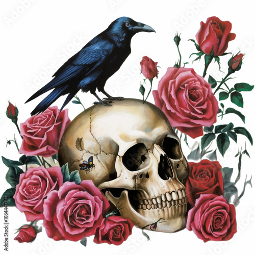 black raven perched on skull with red roses around it halloween gothic vector illustration