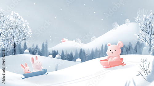 Cute Animals Sledding In Winter Wonderland