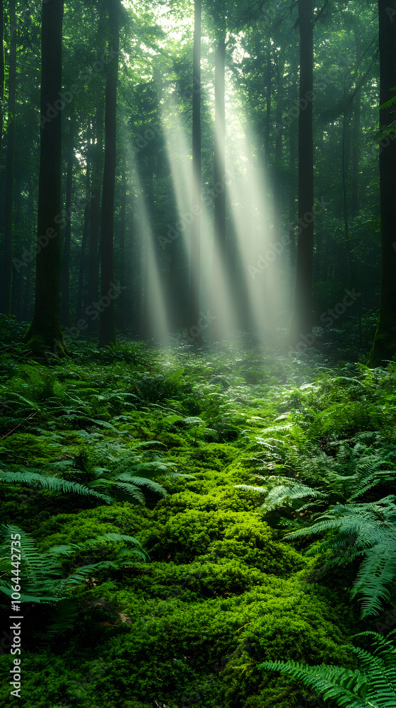 Obraz premium Sunbeams pierce through the dense canopy of a lush forest, illuminating the mossy forest floor.
