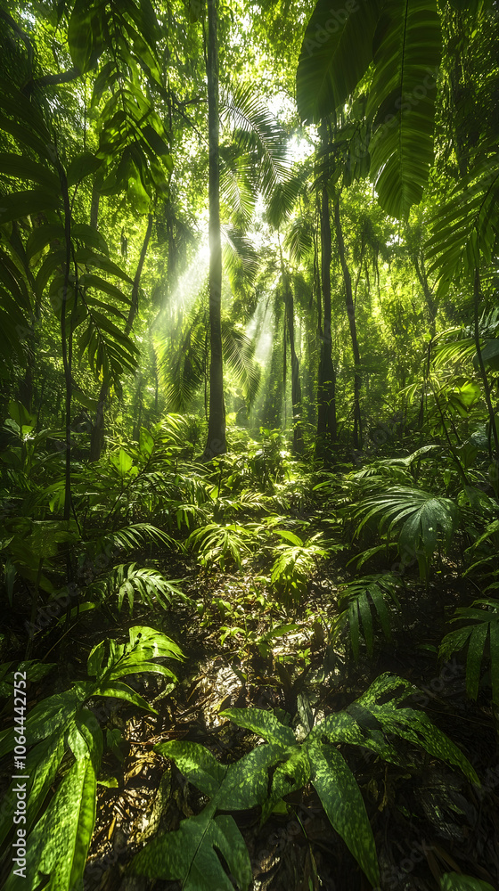 Sunbeams pierce through the dense foliage of a lush green rainforest. Sunbeams pierce through the dense foliage of a lush green rainforest.