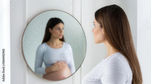 Mother staring at her postpartum body in the mirror, feeling insecure about body changes postpartum body image, self-esteem issues