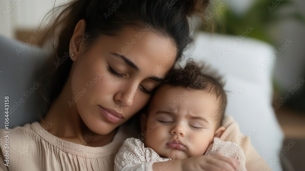Mother trying to cope with postpartum insomnia, sitting awake at night while her baby sleeps postpartum insomnia, sleep struggles Mother trying to cope with postpartum insomnia, sitting awake at night while her baby sleeps postpartum insomnia, sleep struggles