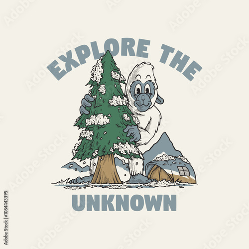 retro cartoon emblem of yeti peeping behind a pine tree photo