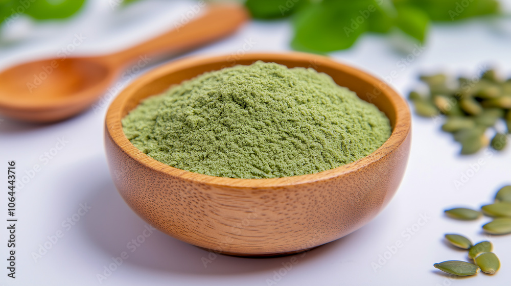 Green Crushed Pumpkin Seed Flour in Wooden Bowl for Healthy Pastry Ingredients, Rustic Spoon, Dietary Baking Close-Up Green Crushed Pumpkin Seed Flour in Wooden Bowl for Healthy Pastry Ingredients, Rustic Spoon, Dietary Baking Close-Up