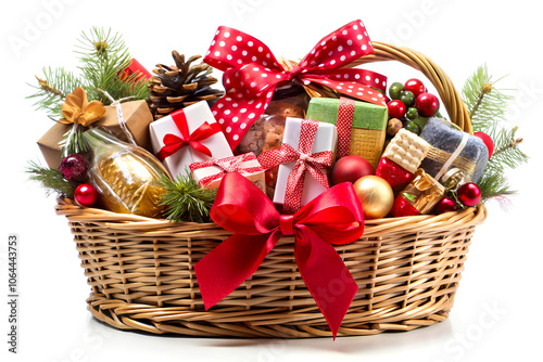 Christmas gift basket filled with assorted presents isolated over white background.