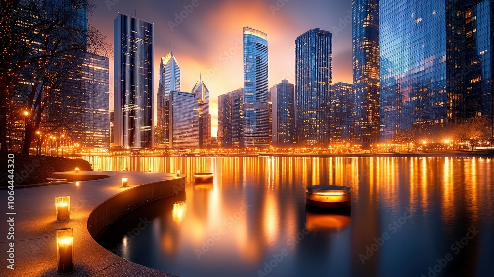 A captivating city skyline illuminated by sunset, showcasing the beauty of glass skyscrapers reflecting golden hues, creating a perfect urban escape. A captivating city skyline illuminated by sunset, showcasing the beauty of glass skyscrapers reflecting golden hues, creating a perfect urban escape.