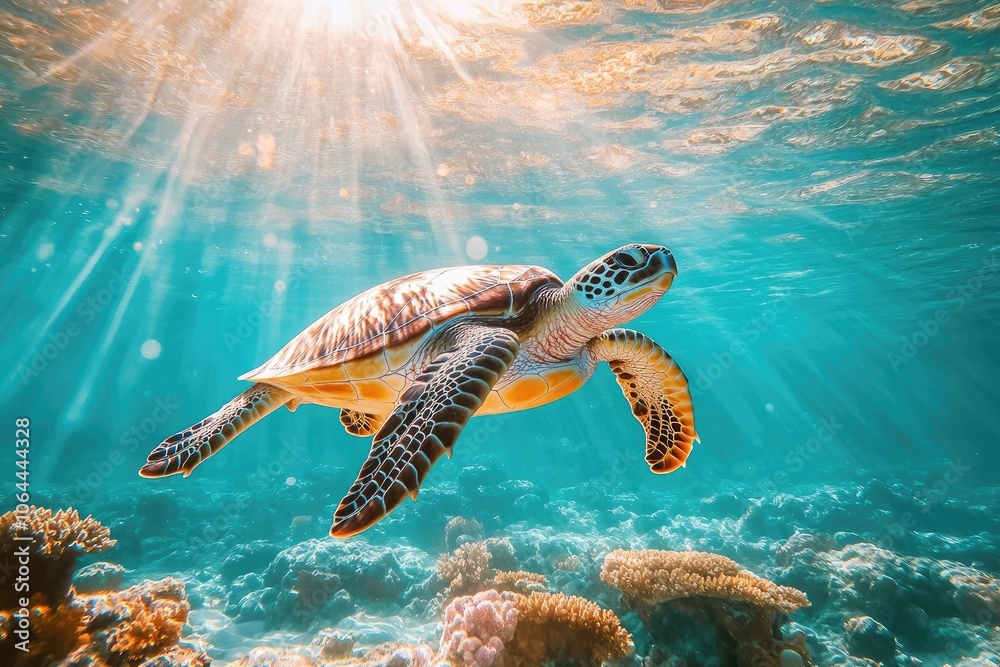 Obraz premium Sea turtle swims through clear blue water. The photo showcases the beauty and fragility of marine life.