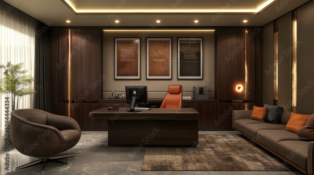 Stylish CEO Office Interior Showcasing Dark Wood and Modern Design Elements. Generative AI
