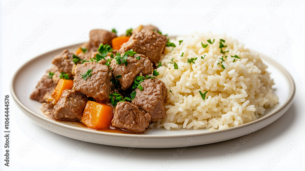 Grilled meat beef stroganoff with rice close-up on a plate. Isolated over white background Grilled meat beef stroganoff with rice close-up on a plate. Isolated over white background