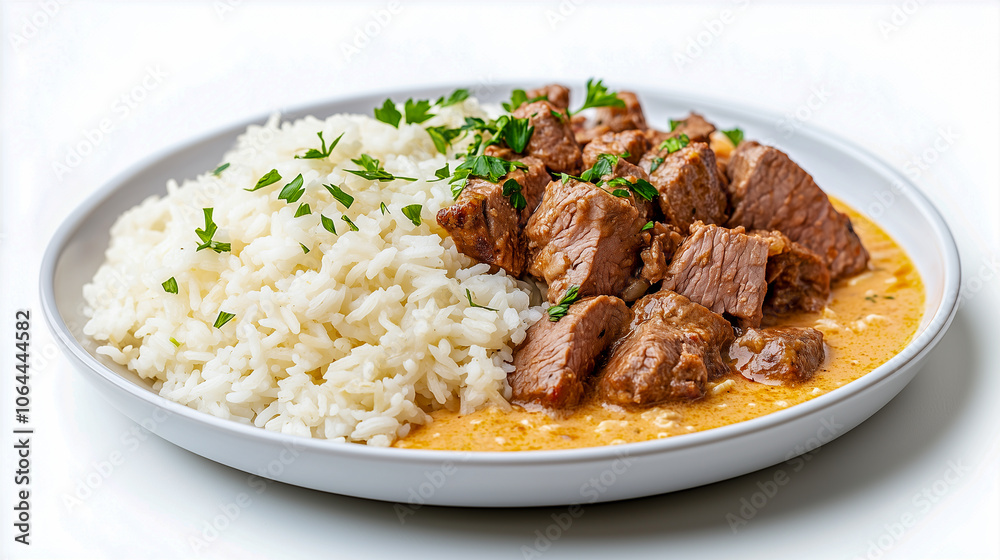 Grilled meat beef stroganoff with rice close-up on a plate. Isolated over white background Grilled meat beef stroganoff with rice close-up on a plate. Isolated over white background