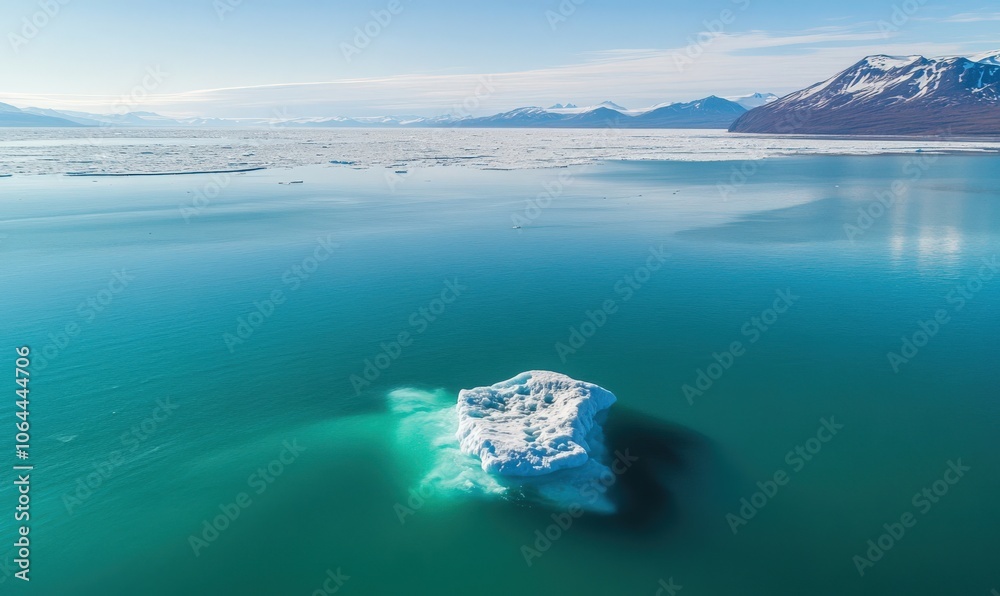 An aerial view of a single iceberg floating in the crystal-clear waters of a fjord, with snow-capped mountains in the background. An aerial view of a single iceberg floating in the crystal-clear waters of a fjord, with snow-capped mountains in the background.