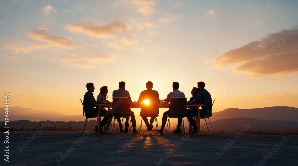 Team Meeting at Sunset with Diverse Members Team Meeting at Sunset with Diverse Members
