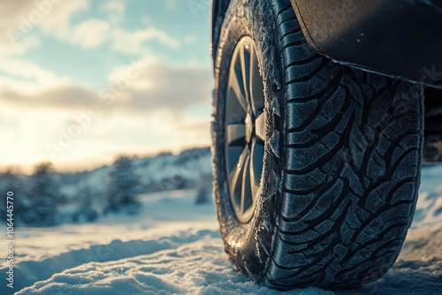 Close-up of a winter tire in the snow. This image is perfect for illustrating winter driving safety, or the importance of having the right tires for winter weather conditions. photo