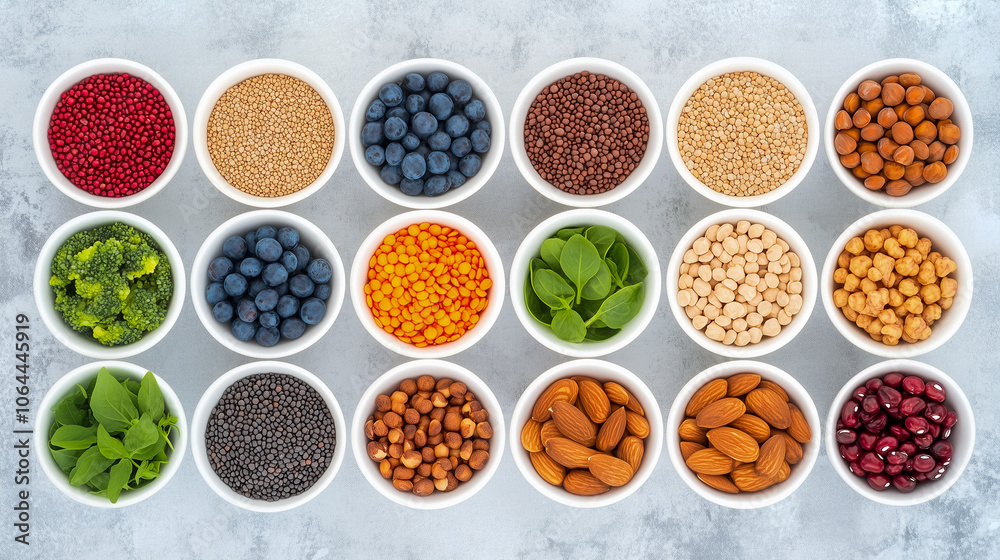 Health food for fitness concept with fruit, vegetables, pulses, herbs, spices, nuts, grains and pulses. High in anthocyanins, antioxidants, smart carbohydrates, omega 3, minerals and vitamins 