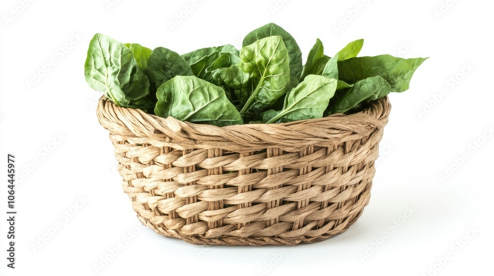 Fresh Spinach in a Woven Basket on White Background Fresh Spinach in a Woven Basket on White Background
