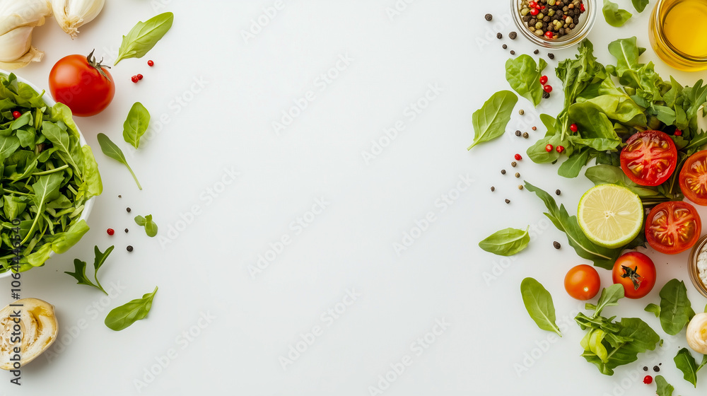 Healthy clean eating layout, vegetarian food and diet nutrition concept. Various fresh vegetables ingredients for salad on white table background, top view, frame, banner Healthy clean eating layout, vegetarian food and diet nutrition concept. Various fresh vegetables ingredients for salad on white table background, top view, frame, banner