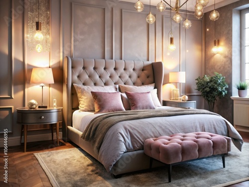 Blush Pink and Gray Bedroom with Velvet Headboard in Modern Architectural Design