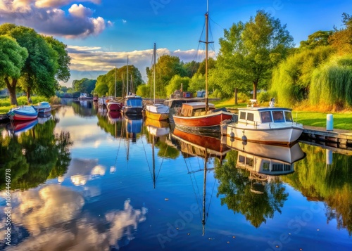 Boats Moored at Marina on River Ems, East Frisia - Scenic Waterway in Lower Saxony, Germany