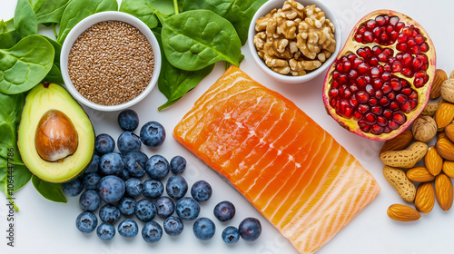 Wallpaper Mural Healthy food: Fish, blueberries, nuts, pomegranate, avocados, tomatoes, spinach, flax. Concept of Dietary Nutrition. Top view. Torontodigital.ca