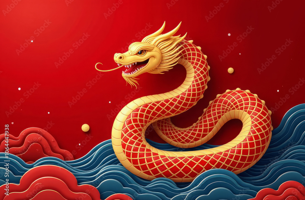Fototapeta premium Chinese new year 2025 concept on red background dragon serpent year symbol. Copy space