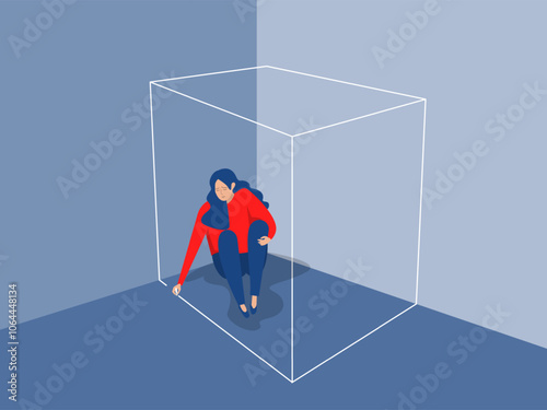  Square symbolizing comfort zone,Woman draws comfort zone around herself to get rid of unwanted contacts and protect peace of mind. Lonely,xperiences mental anguish due to fear