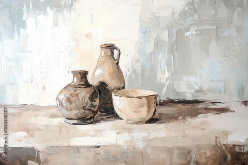 Vintage digital oil painting of pottery still life for wall decor, art print, fine art, wallpaper, beautiful background design. Generative AI. photo