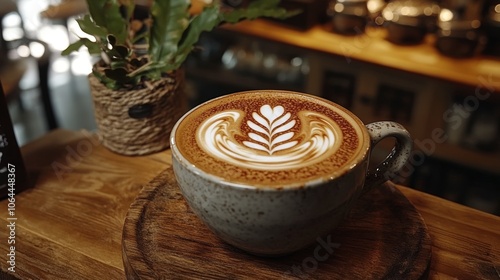 Beautiful Cappuccino with Latte Art in Cafe Setting photo