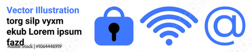 Padlock, wireless signal, and at symbol icons in blue, accompanied by placeholder text. Ideal for cybersecurity, email services, wireless communication, tech tutorials, online marketing, web