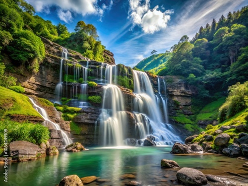 Breathtaking long exposure captures of waterfalls in mountainous terrain reveal a tranquil landscape, highlighting vibrant greenery and pristine waters amid majestic natural beauty.