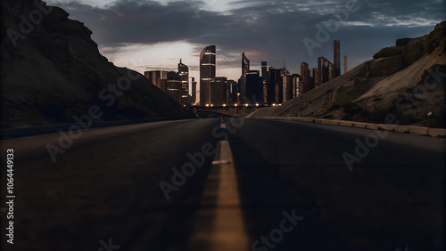 Straight asphalt road with buildings scenery.