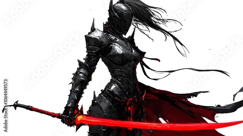 Shadowy Armored Female Warrior Wielding Glowing Red Blade in Minimalist Setting