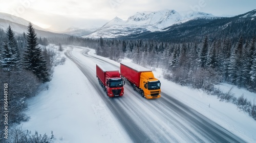 Trucks on Snowy Road in Winter Landscape