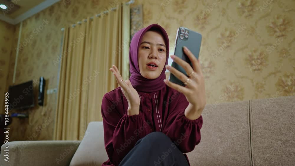 Beautiful woman in hijab having an enthusiastic business video call at home. Working from home with interaction using a smartphone. Digital interaction, remote working, communication.