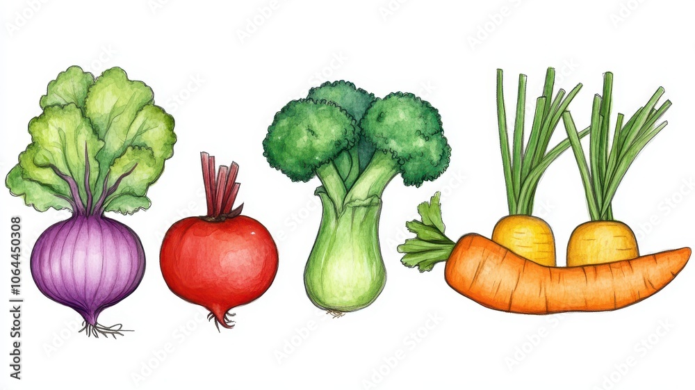 Watercolor painted collection of vegetables,Hand drawn fresh food design elements isolated on white background,Fresh colorful veggies background,diet,healthy food,Various Vegetables.