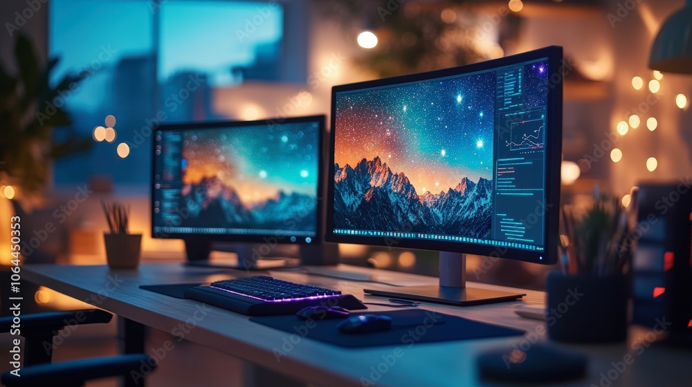 Professional Desk Setup with Dual Monitors at Night Professional Desk Setup with Dual Monitors at Night