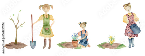 A young woman works in the garden. A gardener with a watering can, shovel and pitchfork. Watercolor illustration on a white background.