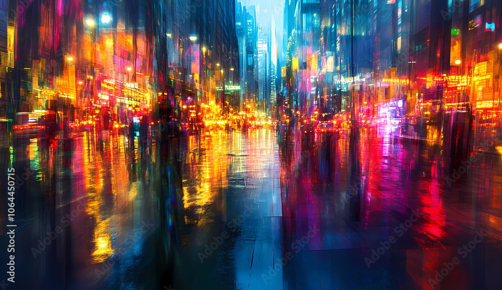 Blurred city lights reflecting on wet pavement at night Blurred city lights reflecting on wet pavement at night