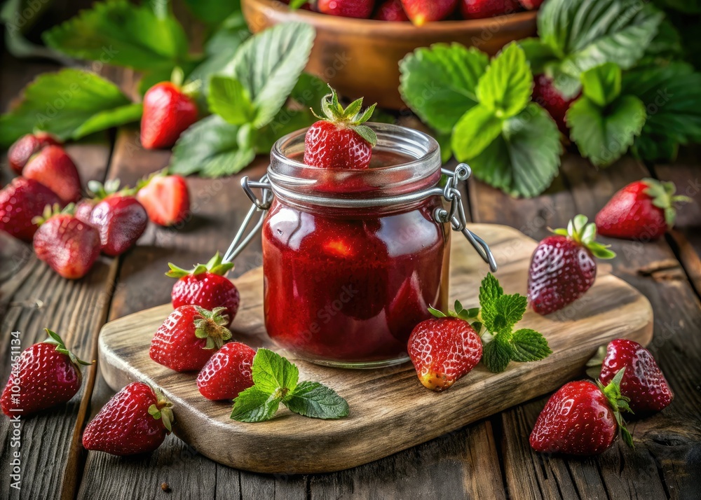 Bright Red Strawberry Jam in Jar Surrounded by Fresh Strawberries for Vivid Stock Photography Bright Red Strawberry Jam in Jar Surrounded by Fresh Strawberries for Vivid Stock Photography