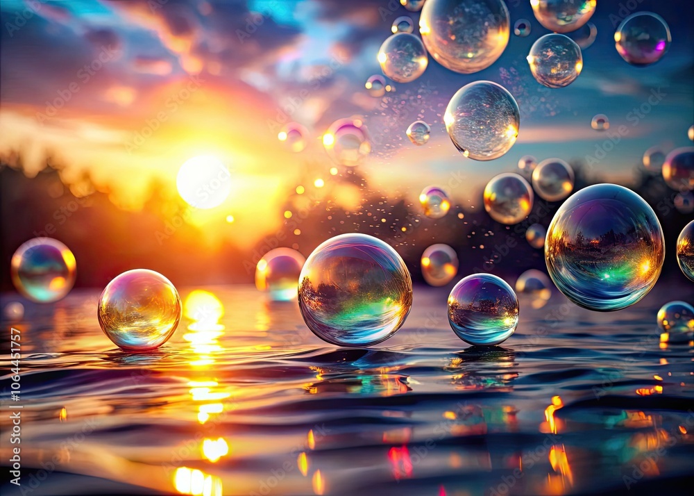 Bubbles Floating on Water Surface with Bokeh Effect - 3D Illustration for Relaxation and Serenity Bubbles Floating on Water Surface with Bokeh Effect - 3D Illustration for Relaxation and Serenity