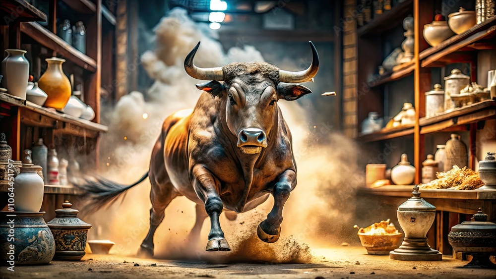 Naklejka premium Bull Charging Through China Shop - Macro Photography of Porcelain Destruction