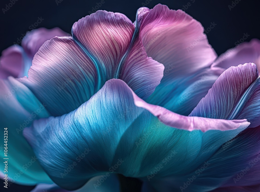 Close-up macro photograph of a vibrant blue and purple tulip flower petal. Close-up macro photograph of a vibrant blue and purple tulip flower petal.