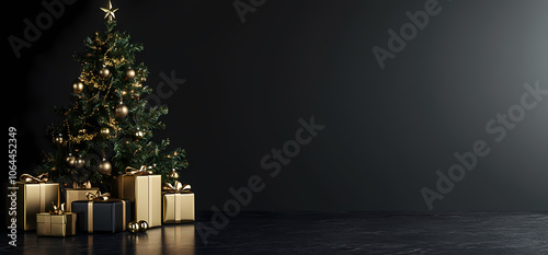 Elegant Black and Gold Christmas Tree with Gifts Decoration