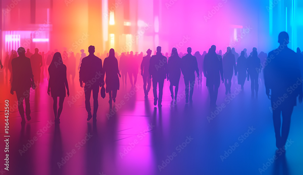 Diverse silhouettes of people walking in a vibrant urban setting Diverse silhouettes of people walking in a vibrant urban setting