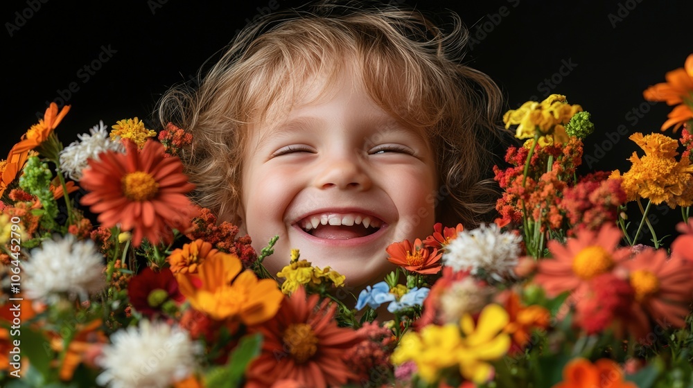 Joyful Child Surrounded by Vibrant Flowers Joyful Child Surrounded by Vibrant Flowers