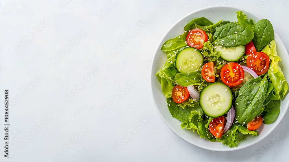 Healthy vegetable salad of fresh tomato, cucumber, onion, spinach, lettuce and sesame on plate. Diet menu. Top view Healthy vegetable salad of fresh tomato, cucumber, onion, spinach, lettuce and sesame on plate. Diet menu. Top view
